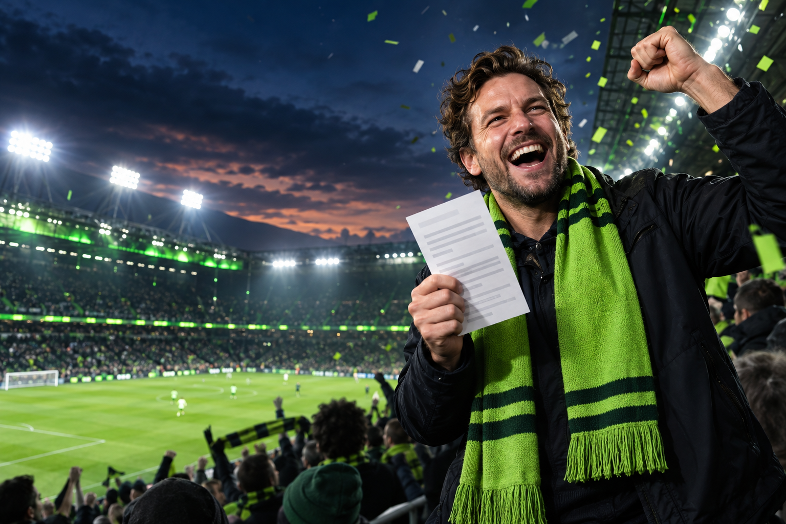 Jubelnder Fußballfan hält eine Polizze im Stadion hoch
